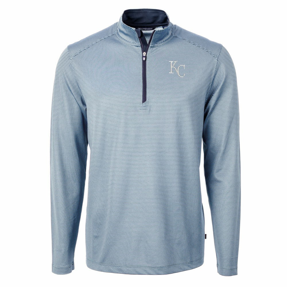 Kansas City Royals Cutter & Buck Virtue Eco Pique Micro Stripe Recycled Quarter-Zip Pullover Top - Light Blue/Navy