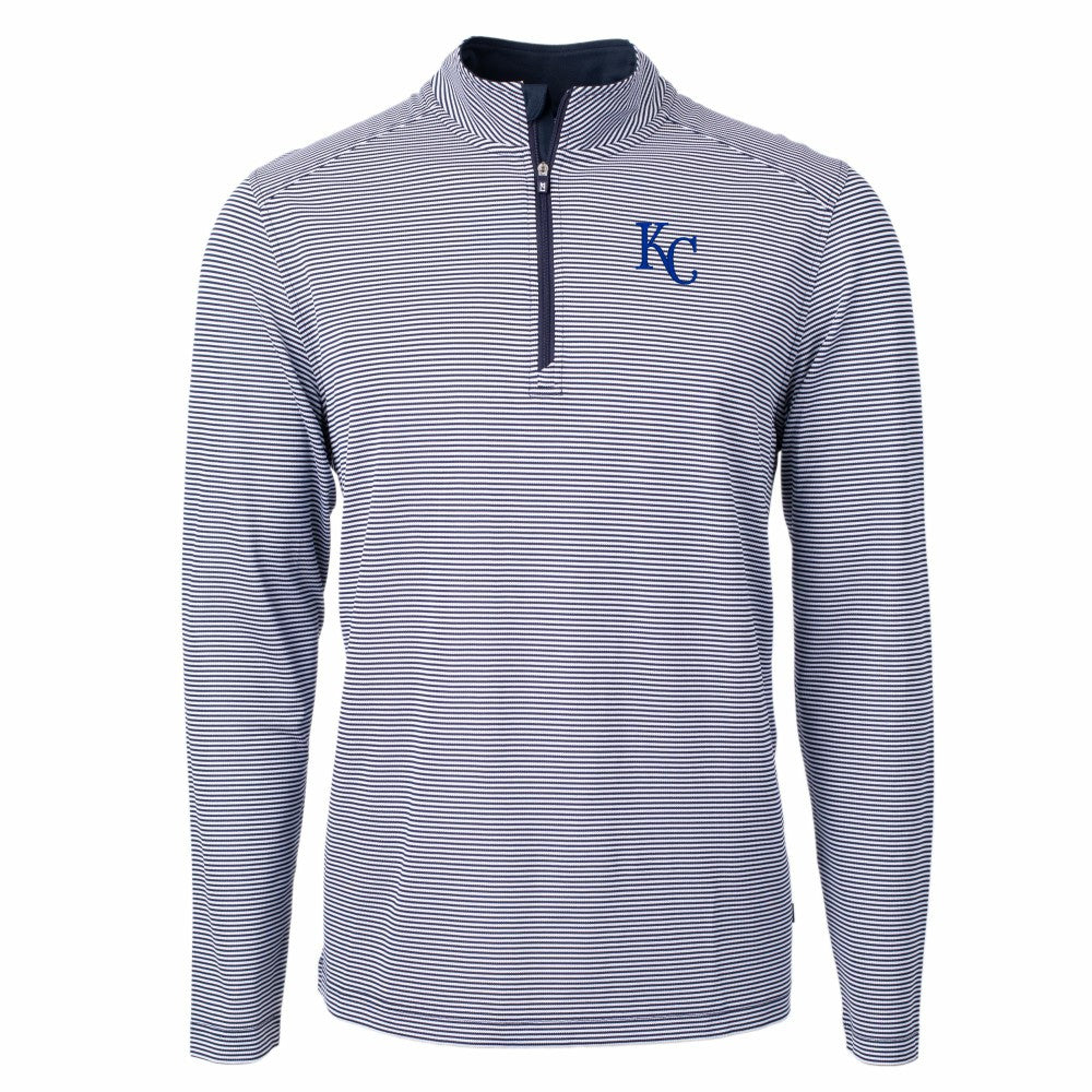 Kansas City Royals Cutter & Buck Virtue Eco Pique Micro Stripe Recycled Quarter-Zip Pullover Top - Navy/White