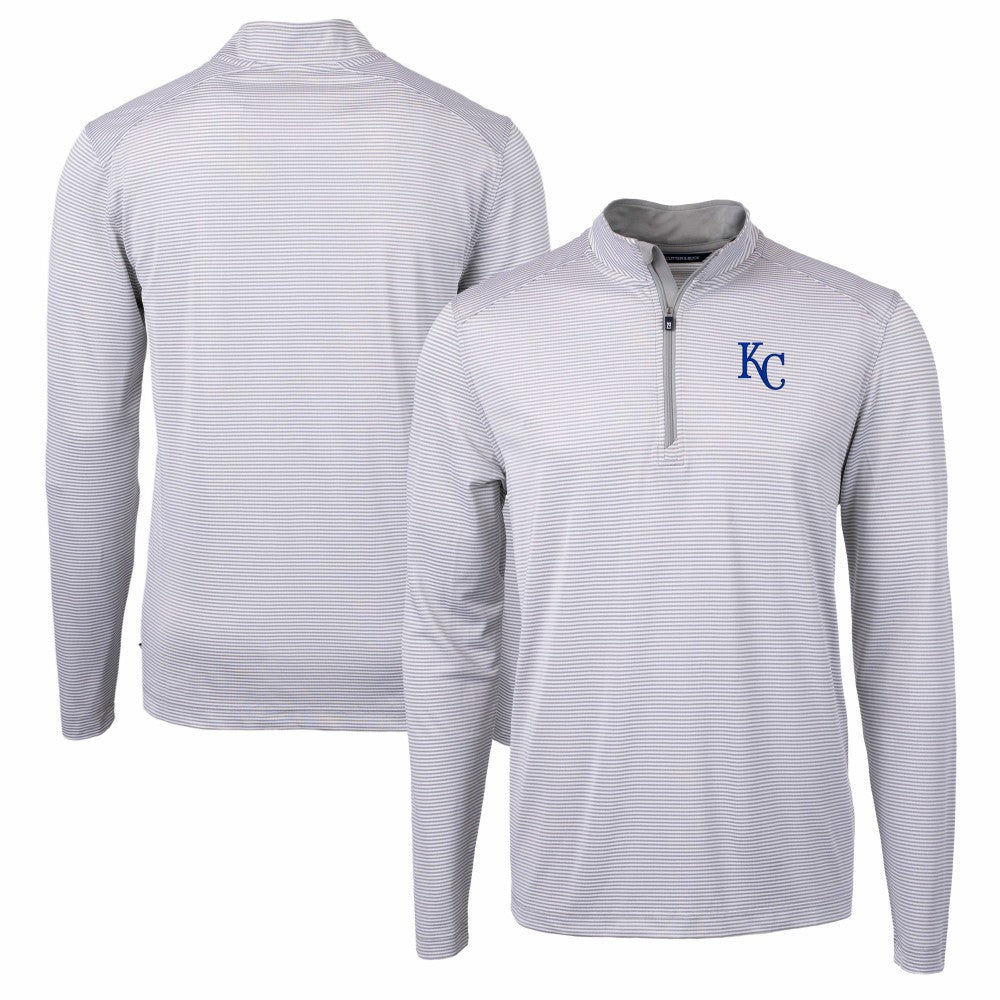 Kansas City Royals Cutter & Buck Virtue Eco Pique Micro Stripe Recycled Quarter-Zip Pullover Top - Gray/White