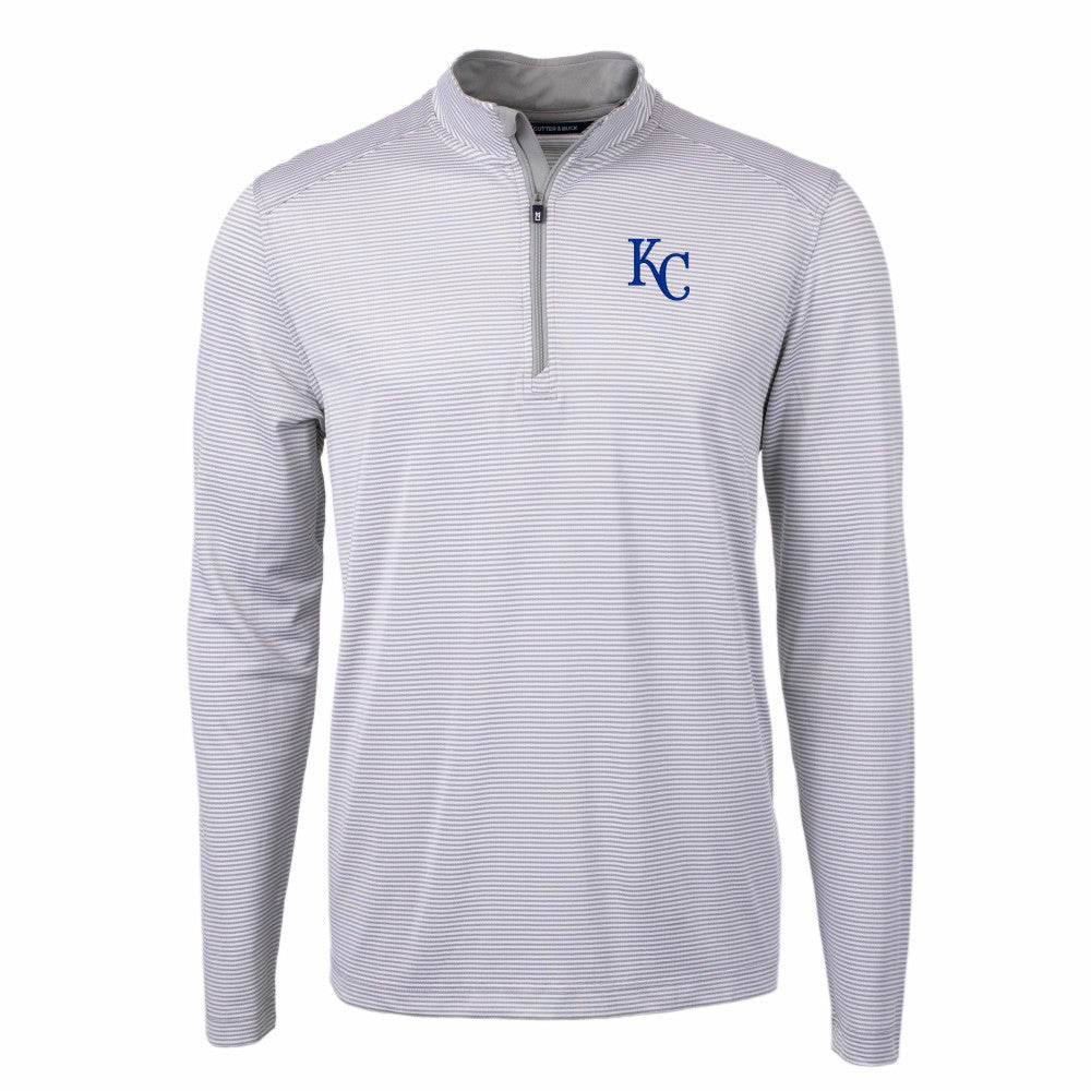 Kansas City Royals Cutter & Buck Virtue Eco Pique Micro Stripe Recycled Quarter-Zip Pullover Top - Gray/White