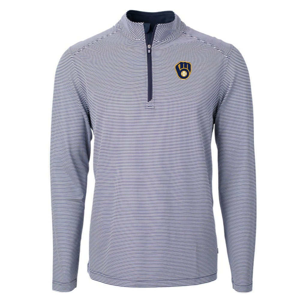 Milwaukee Brewers Cutter & Buck Virtue Eco Pique Micro Stripe Recycled Quarter-Zip Pullover Top - Navy/White