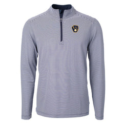 Milwaukee Brewers Cutter & Buck Virtue Eco Pique Micro Stripe Recycled Quarter-Zip Pullover Top - Navy/White