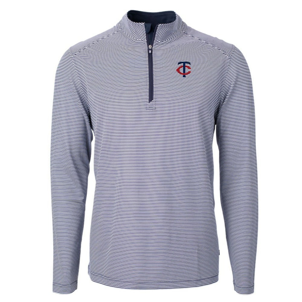 Minnesota Twins Cutter & Buck Virtue Eco Pique Micro Stripe Recycled Quarter-Zip Pullover Top - Navy/White