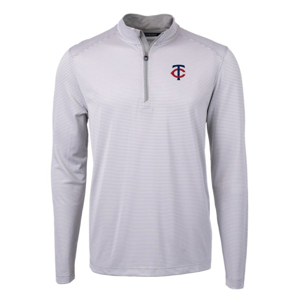Minnesota Twins Cutter & Buck Virtue Eco Pique Micro Stripe Recycled Quarter-Zip Pullover Top - Gray/White
