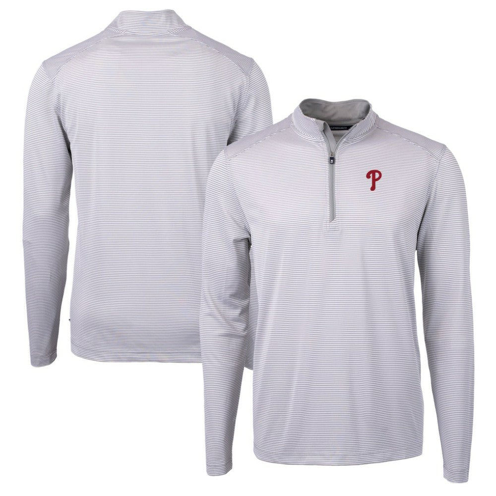 Philadelphia Phillies Cutter & Buck Virtue Eco Pique Micro Stripe Recycled Quarter-Zip Pullover Top - Gray/White