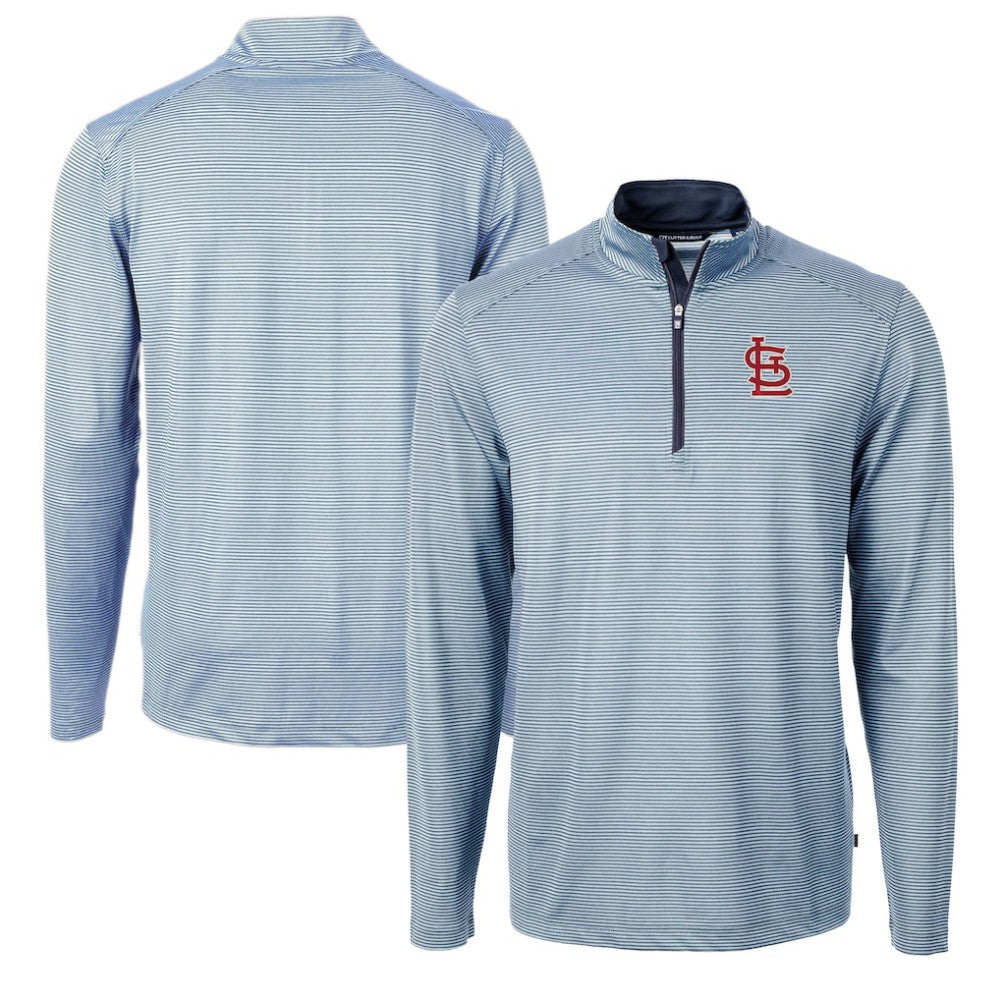 St. Louis Cardinals Cutter & Buck Virtue Eco Pique Micro Stripe Recycled Quarter-Zip Pullover Top - Light Blue/Navy