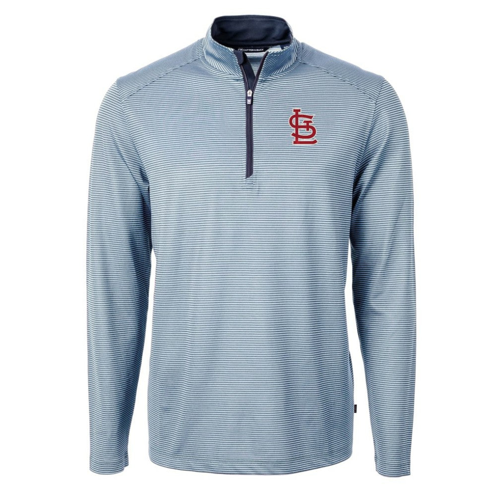 St. Louis Cardinals Cutter & Buck Virtue Eco Pique Micro Stripe Recycled Quarter-Zip Pullover Top - Light Blue/Navy