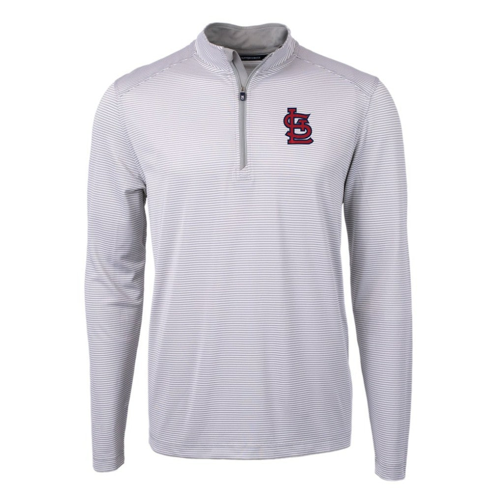 St. Louis Cardinals Cutter & Buck Virtue Eco Pique Micro Stripe Recycled Quarter-Zip Pullover Top - Gray/White