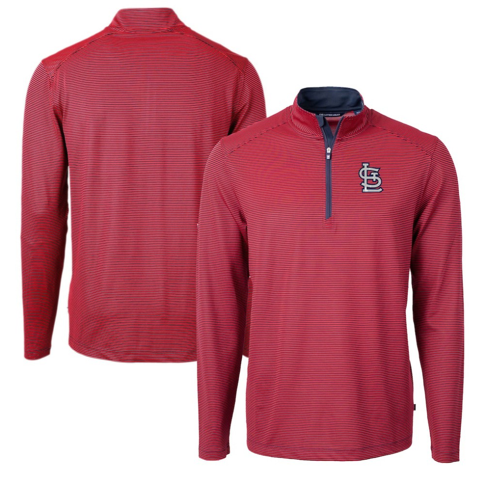 St. Louis Cardinals Cutter & Buck Virtue Eco Pique Micro Stripe Recycled Quarter-Zip Pullover Top - Red/Navy