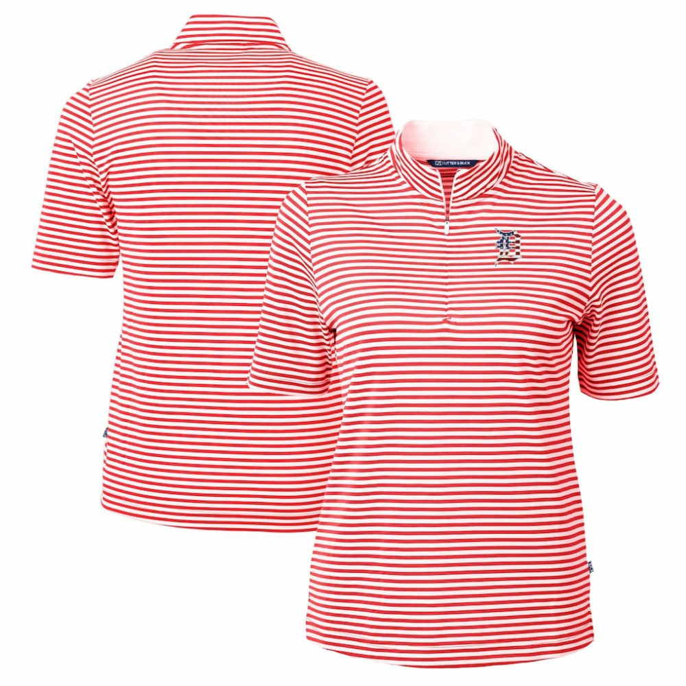 Detroit Tigers Cutter & Buck Women's Virtue Eco Pique Stripe Recycled Quarter-Zip Pullover Top - Red