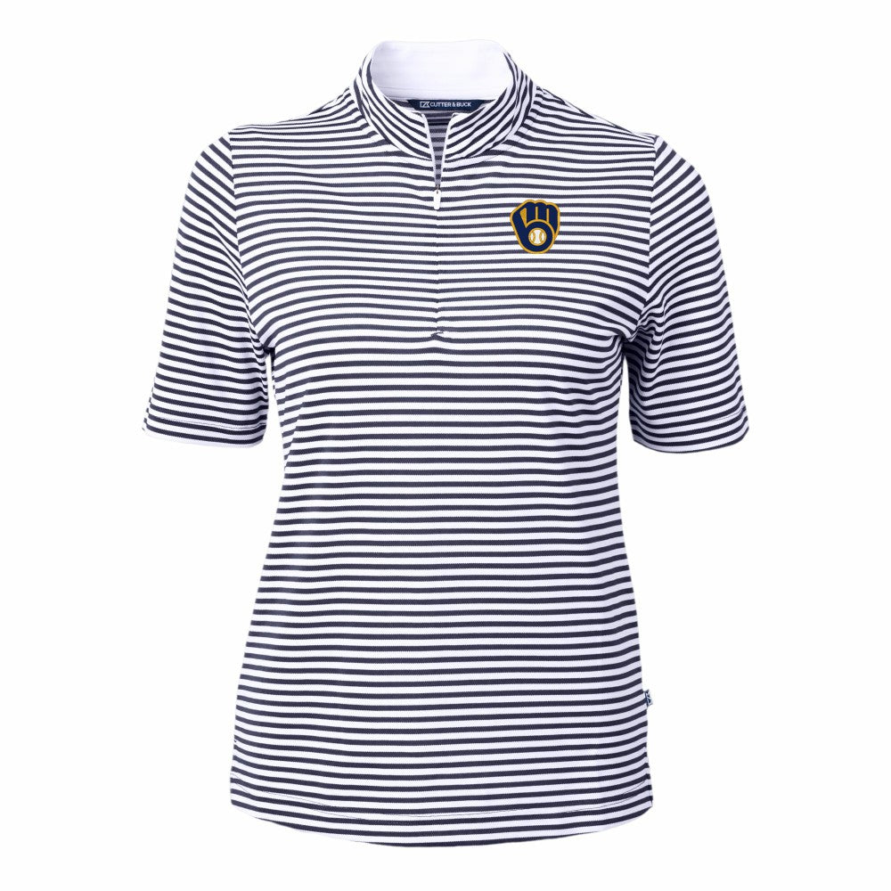 Milwaukee Brewers Cutter & Buck Women's Virtue Eco Pique Stripe Top - Navy