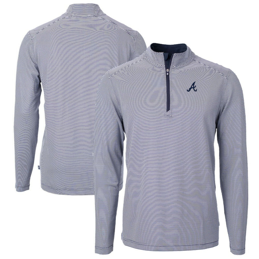 Atlanta Braves Cutter & Buck Virtue Eco Pique Micro Stripe Big & Tall Recycled Quarter-Zip Pullover Top - Navy/White