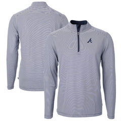 Atlanta Braves Cutter & Buck Virtue Eco Pique Micro Stripe Big & Tall Recycled Quarter-Zip Pullover Top - Navy/White