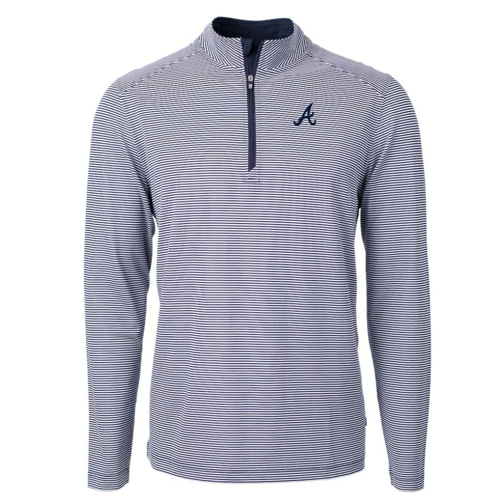 Atlanta Braves Cutter & Buck Virtue Eco Pique Micro Stripe Big & Tall Recycled Quarter-Zip Pullover Top - Navy/White