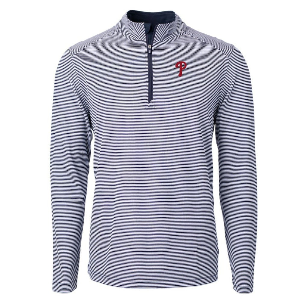 Philadelphia Phillies Cutter & Buck Virtue Eco Pique Micro Stripe Big & Tall Recycled Quarter-Zip Pullover Top - Navy/White