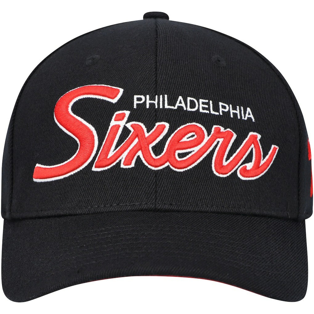 Philadelphia 76ers MVP Team Script 2.0 Stretch-Snapback Hat - Black | Mitchell & Ness discount