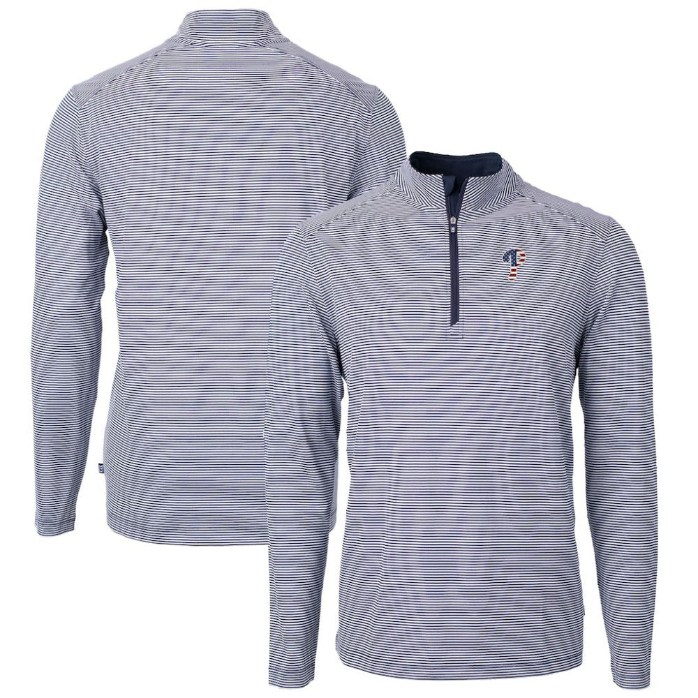 Philadelphia Phillies Cutter & Buck Americana Logo Virtue Eco Pique Stripe Recycled Quarter-Zip Pullover Top - Navy
