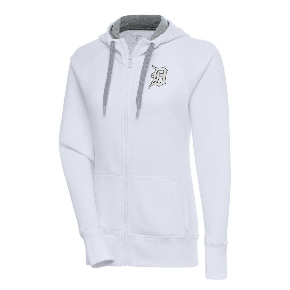 Detroit Tigers Antigua Women's Brushed Metallic Victory Full-Zip Hoodie - White