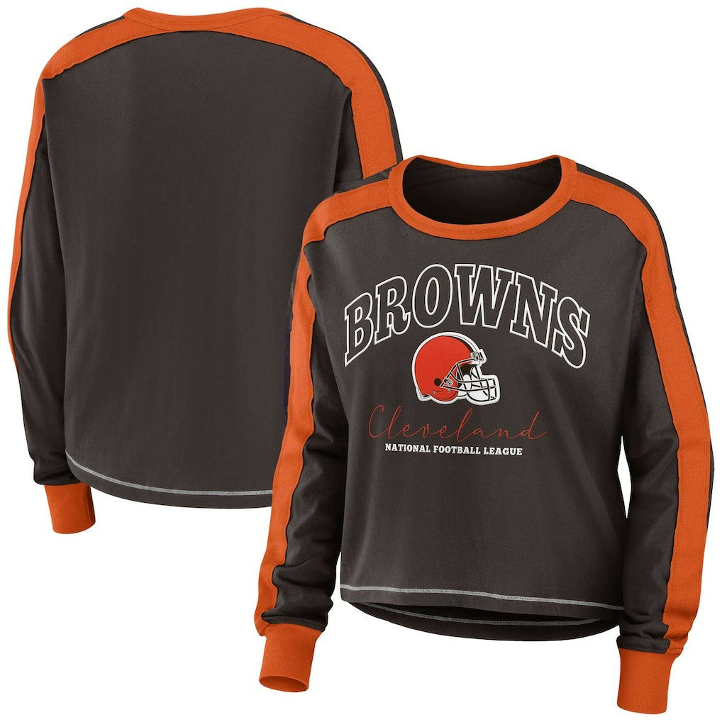 NFL Cleveland Browns WEAR by Erin Andrews Women's Color Block Modest Crop Long Sleeve T-Shirt