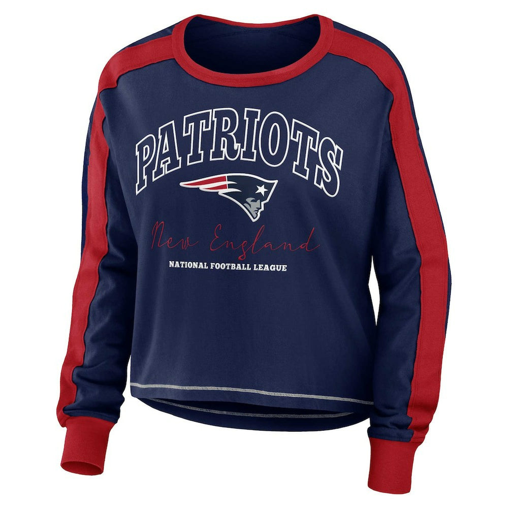 NFL New England Patriots WEAR by Erin Andrews Women's Color Block Modest Crop Long Sleeve T-Shirt