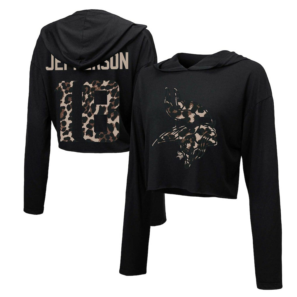 NFL Minnesota Vikings Justin Jefferson  Majestic Threads Women's Leopard Player Name & Number Long Sleeve Cropped Hoodie