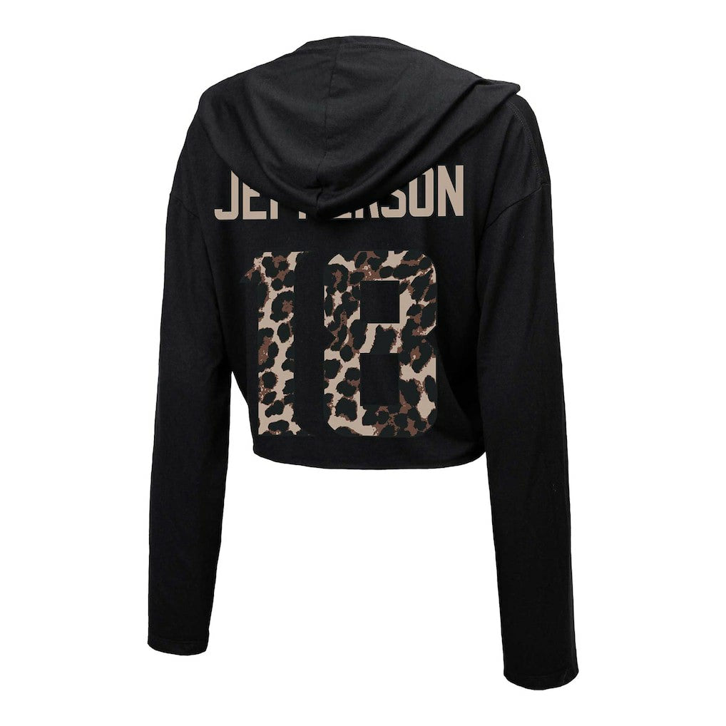 NFL Minnesota Vikings Justin Jefferson  Majestic Threads Women's Leopard Player Name & Number Long Sleeve Cropped Hoodie