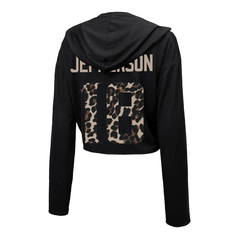 NFL Minnesota Vikings Justin Jefferson  Majestic Threads Women's Leopard Player Name & Number Long Sleeve Cropped Hoodie