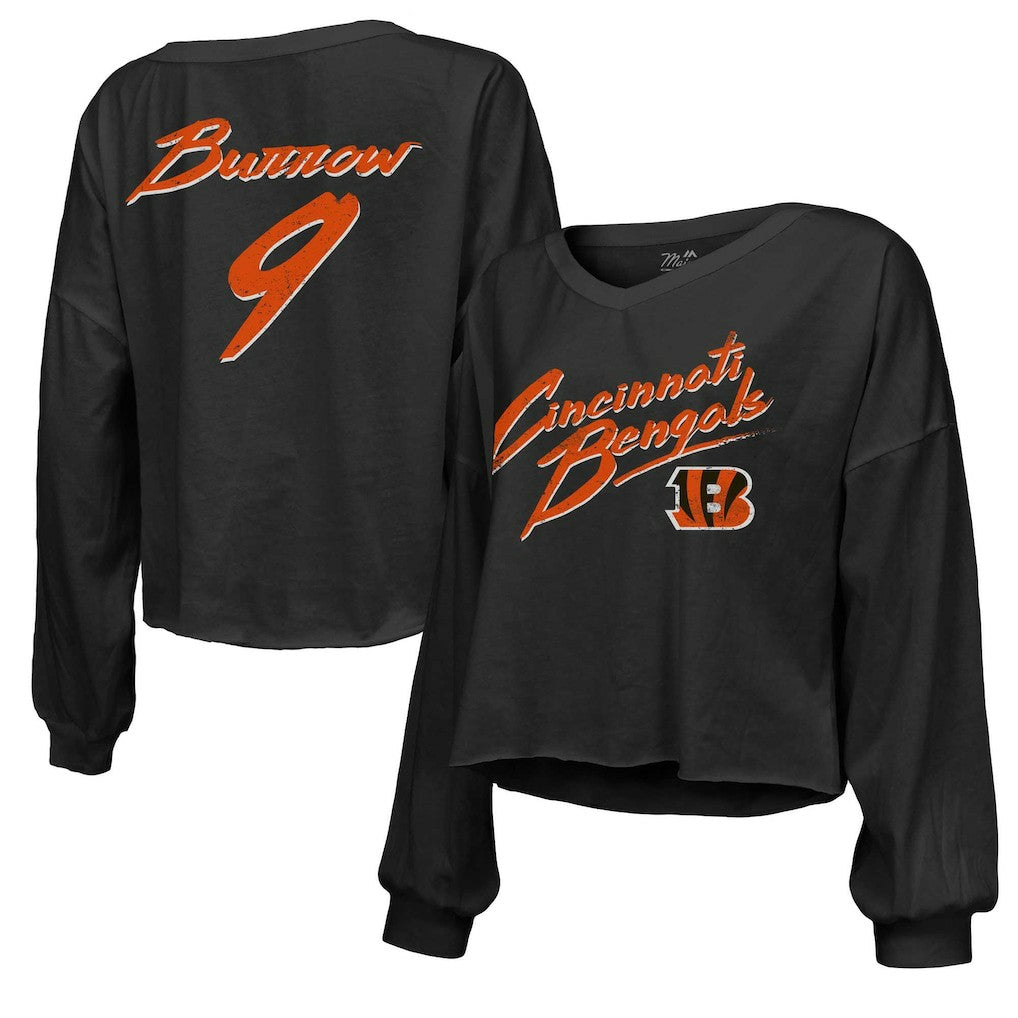NFL Cincinnati Bengals Joe Burrow  Majestic Threads Women's Name & Number Off-Shoulder Script Cropped Long Sleeve Relaxed V-Neck T-Shirt