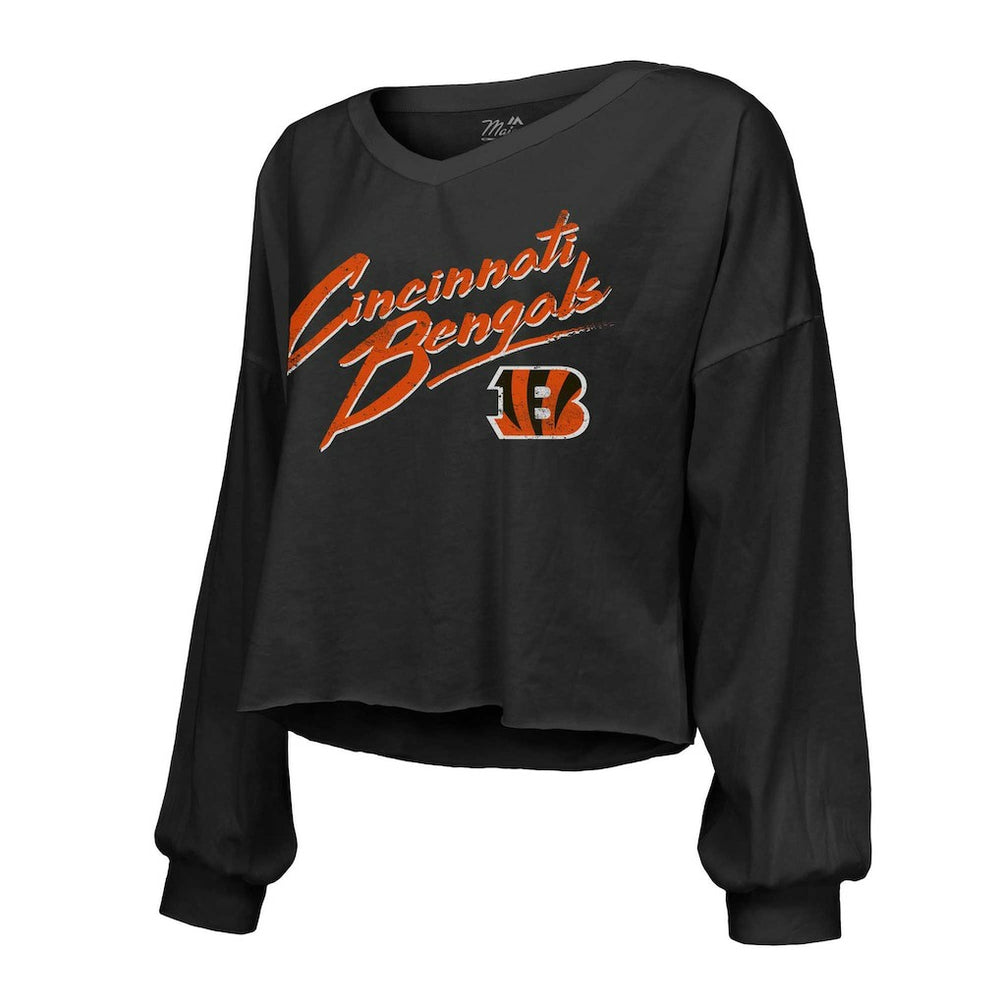 NFL Cincinnati Bengals Joe Burrow  Majestic Threads Women's Name & Number Off-Shoulder Script Cropped Long Sleeve Relaxed V-Neck T-Shirt