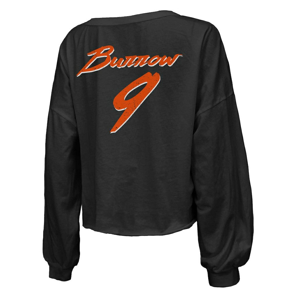 NFL Cincinnati Bengals Joe Burrow  Majestic Threads Women's Name & Number Off-Shoulder Script Cropped Long Sleeve Relaxed V-Neck T-Shirt