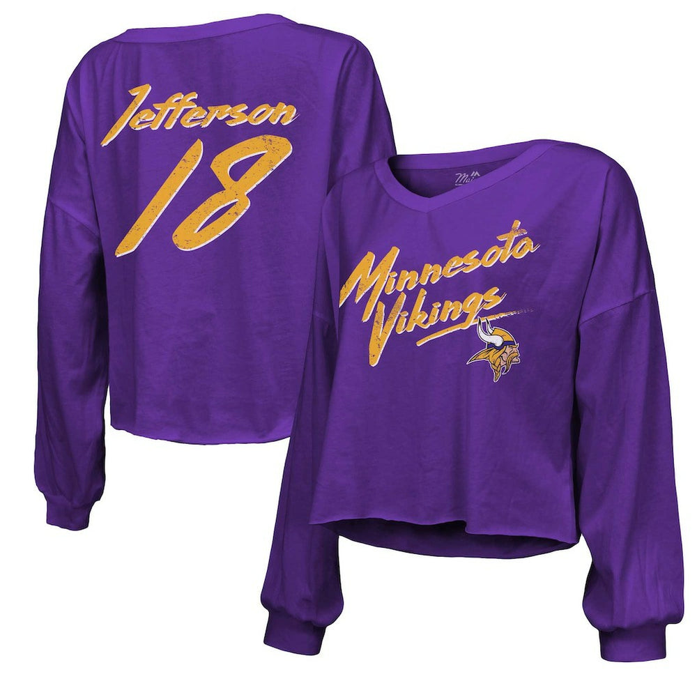 NFL Minnesota Vikings Justin Jefferson  Majestic Threads Women's Name & Number Off-Shoulder Script Cropped Long Sleeve V-Neck T-Shirt