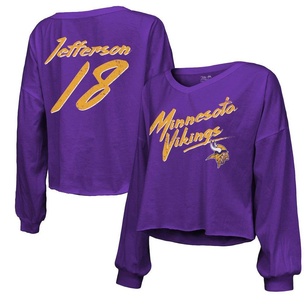 NFL Minnesota Vikings Justin Jefferson  Majestic Threads Women's Name & Number Off-Shoulder Script Cropped Long Sleeve V-Neck T-Shirt