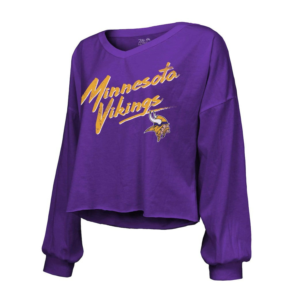 NFL Minnesota Vikings Justin Jefferson  Majestic Threads Women's Name & Number Off-Shoulder Script Cropped Long Sleeve V-Neck T-Shirt