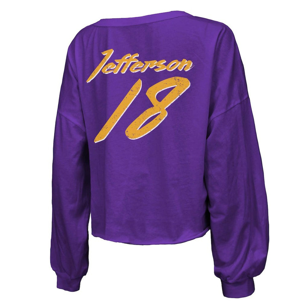 NFL Minnesota Vikings Justin Jefferson  Majestic Threads Women's Name & Number Off-Shoulder Script Cropped Long Sleeve V-Neck T-Shirt