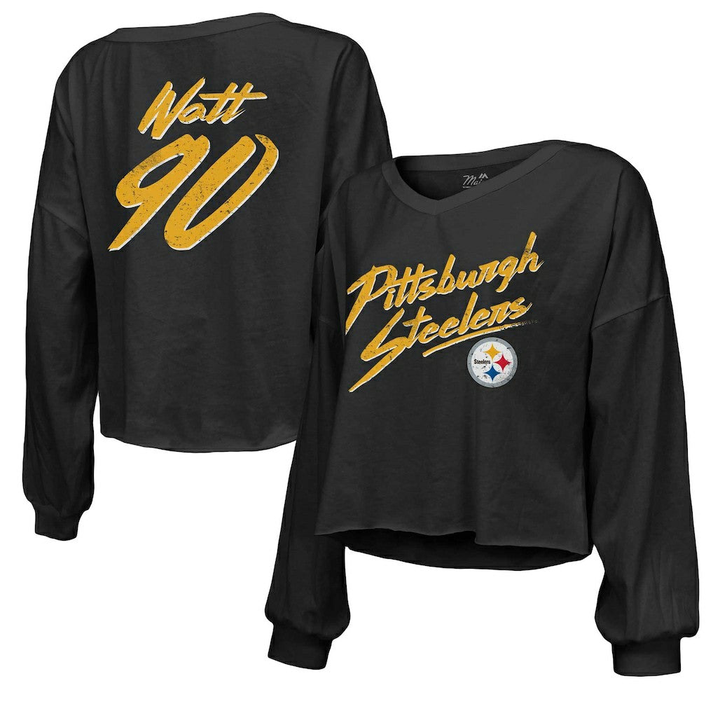 NFL Pittsburgh Steelers T.J. Watt  Majestic Threads Women's Name & Number Off-Shoulder Script Cropped Long Sleeve Relaxed V-Neck T-Shirt