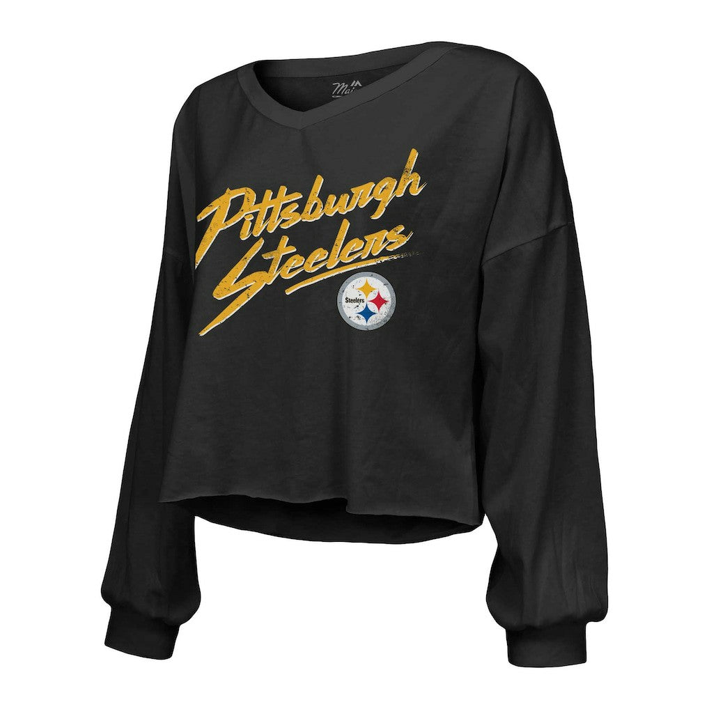 NFL Pittsburgh Steelers T.J. Watt  Majestic Threads Women's Name & Number Off-Shoulder Script Cropped Long Sleeve Relaxed V-Neck T-Shirt