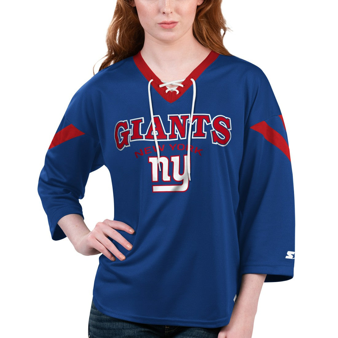 NFL New York Giants Starter Women's Rally Lace-Up 3/4 Sleeve T-Shirt