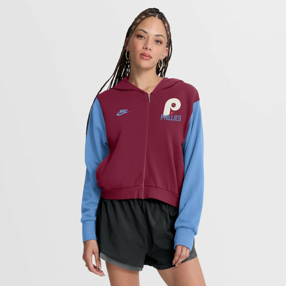 Philadelphia Phillies Women's Cooperstown Collection Cropped Full-Zip Hoodie - Burgundy/Light Blue | Nike