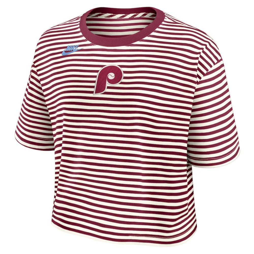 Philadelphia Phillies Women's Cooperstown Collection Striped Cropped T-Shirt - Burgundy/Cream | Nike