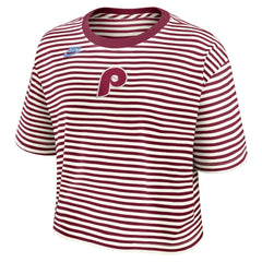 Philadelphia Phillies Women's Cooperstown Collection Striped Cropped T-Shirt - Burgundy/Cream | Nike