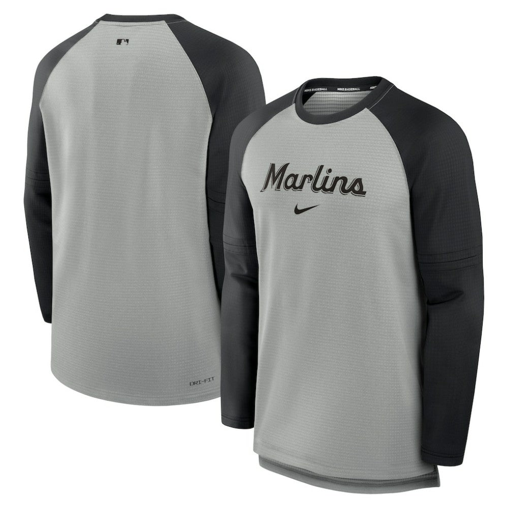 Miami Marlins Authentic Collection Game Time Raglan Performance Long Sleeve T-Shirt - Heather Gray/Black | Nike