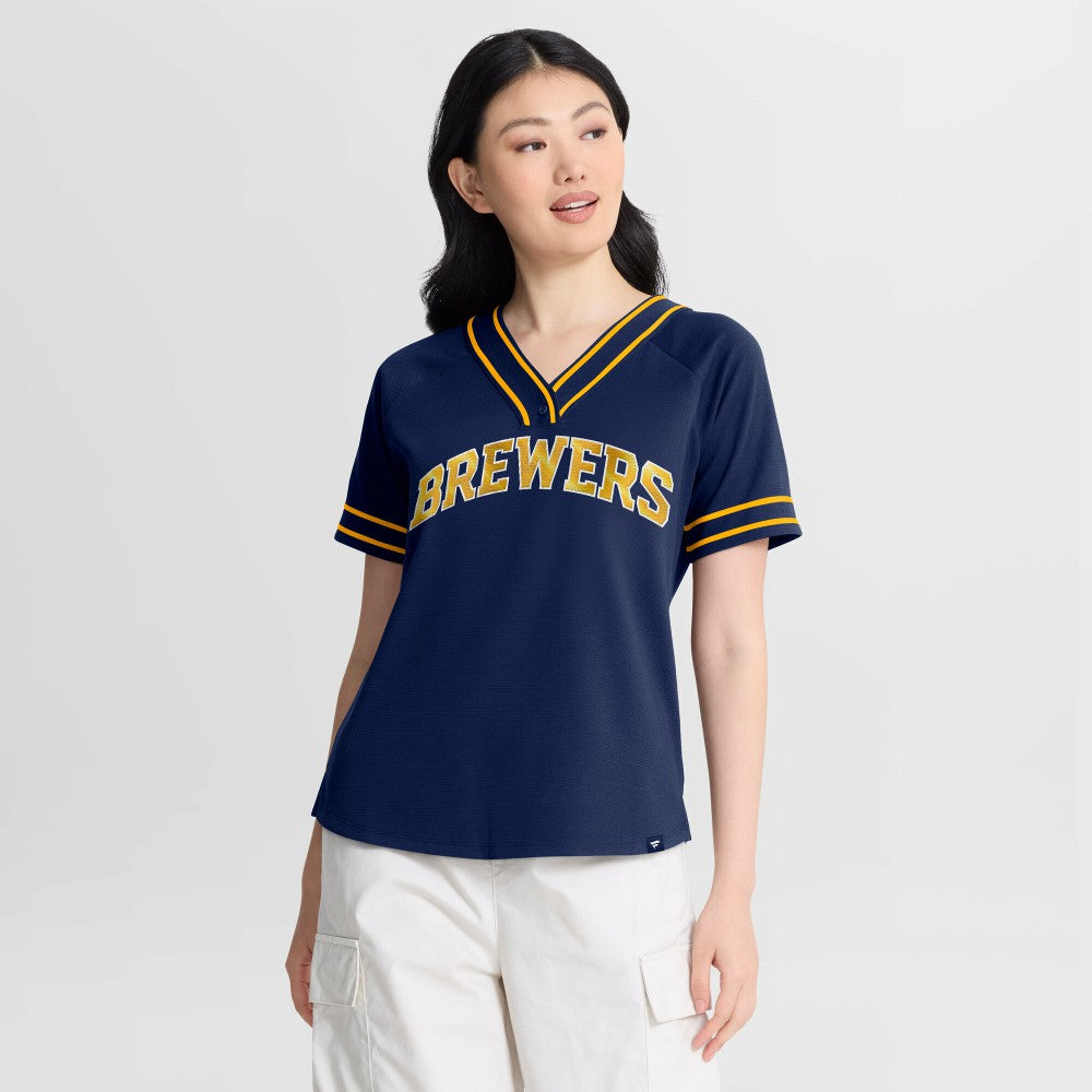 Milwaukee Brewers Women's Diva Race Ahead Raglan V-Neck T-Shirt - Navy