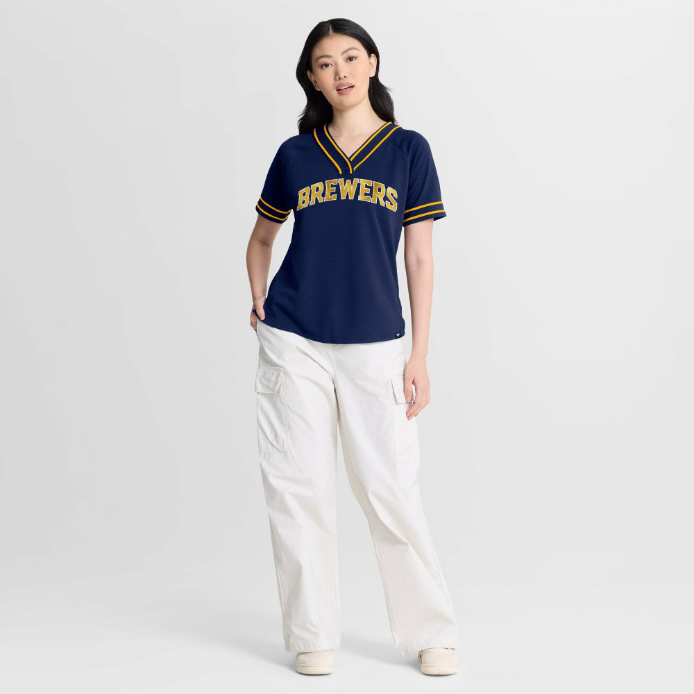 Milwaukee Brewers Women's Diva Race Ahead Raglan V-Neck T-Shirt - Navy
