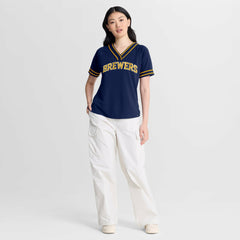 Milwaukee Brewers Women's Diva Race Ahead Raglan V-Neck T-Shirt - Navy