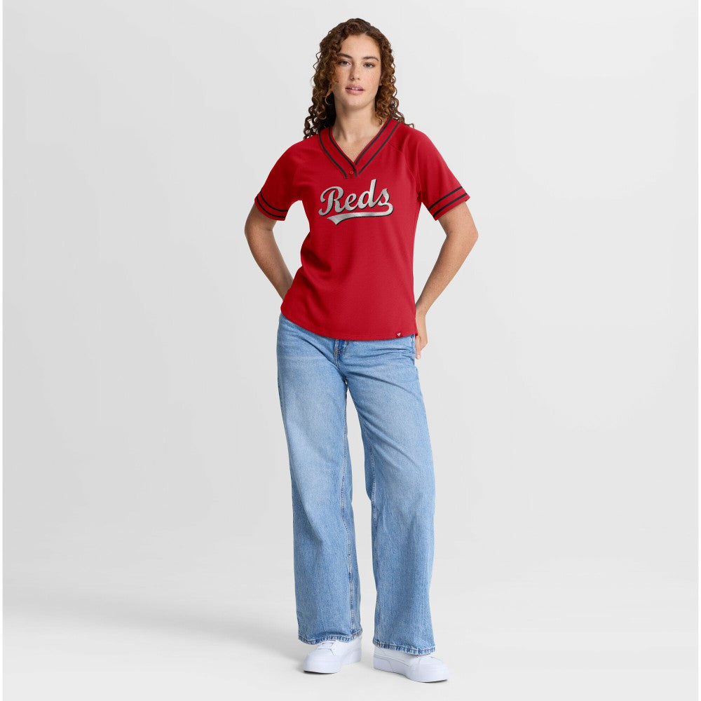 Cincinnati Reds Women's Diva Race Ahead Raglan V-Neck T-Shirt - Red