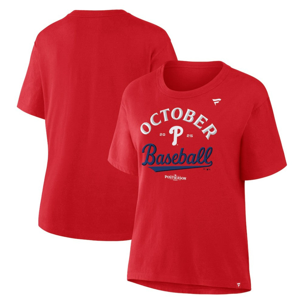 Philadelphia Phillies  Women's 2025 MLB Postseason Locker Room T-Shirt - Red