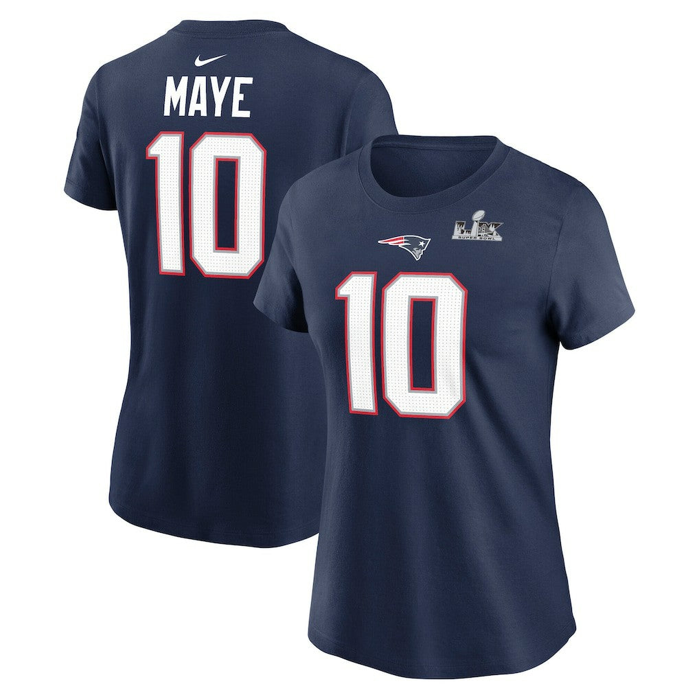 NFL New England Patriots Drake Maye  Women's Super Bowl LX Patch Name & Number T-Shirt