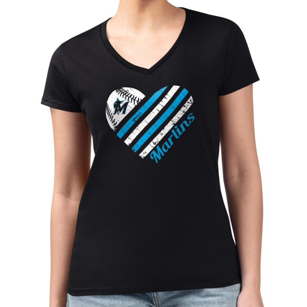 Miami Marlins G-III 4Her by Carl Banks Women's Super-Slim Fit Lightweight Heart V-Neck T-Shirt - Black