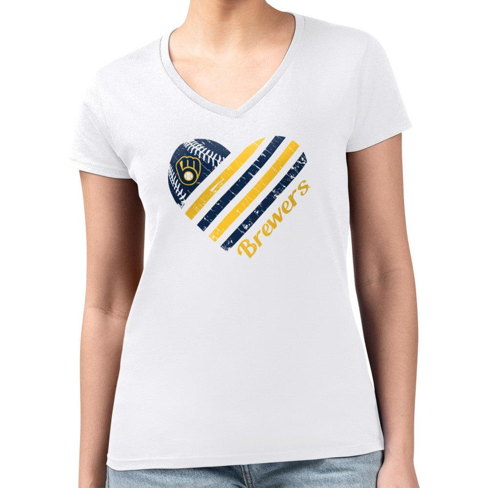 Milwaukee Brewers G-III 4Her by Carl Banks Women's Super-Slim Fit Lightweight Heart V-Neck T-Shirt - White