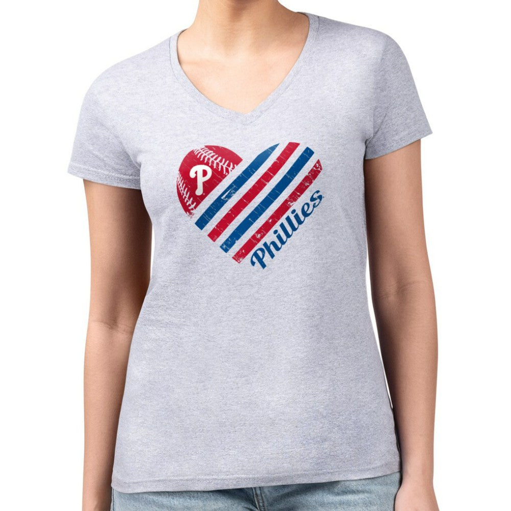 Philadelphia Phillies G-III 4Her by Carl Banks Women's Super-Slim Fit Lightweight Heart V-Neck T-Shirt - Heather Gray